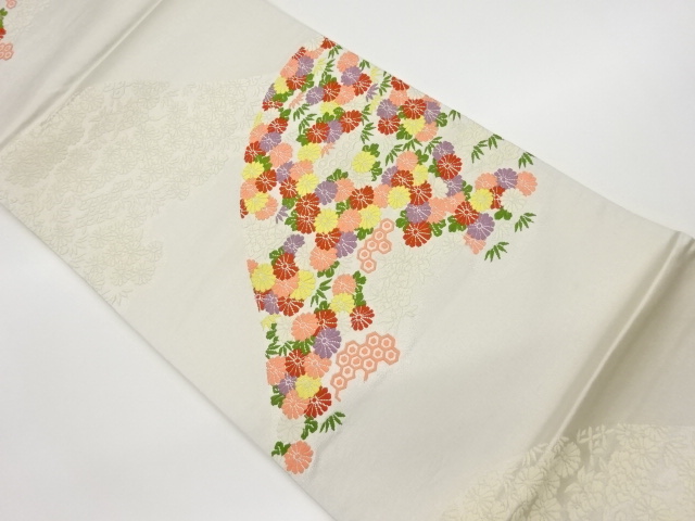 リサイクル　山並みに菊・笹・亀甲模様織出し袋帯